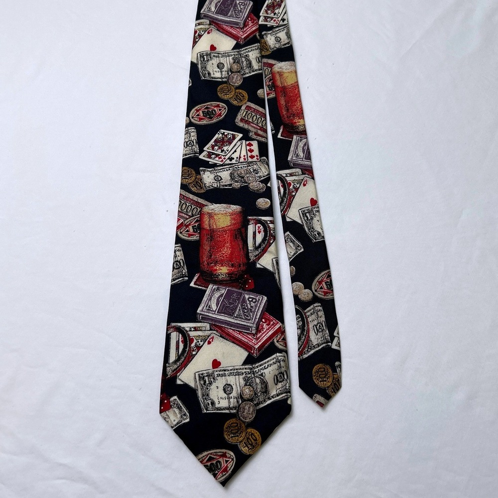 Kensington Collection Mens Gambling Poker Beer Money Silk Necktie OS Black Red